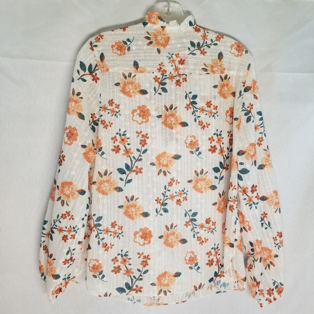 Solitaire Woman Size M Blouse V Neck String Tie Long Sleeve Sheer Floral Pint - Picture 2 of 11